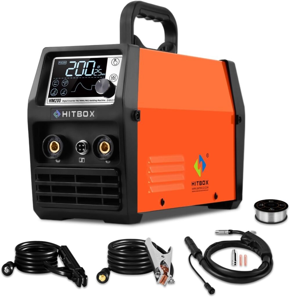 HITBOX 140A Portable MIG Welder Gasless 3 in 1 Digital MIG Welding Machine Flux Core Solid Wire MIG ARC Lift TIG Spool Gun Inverter Welders with Ultra LED Display