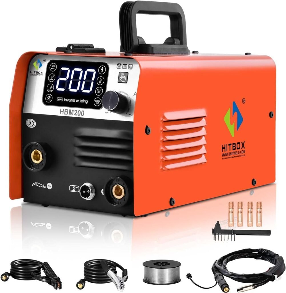 HITBOX 200A 240V Mini MIG Welder Flux Core Welder MIG ARC 3 in 1 Compact MIG Welding Machine Inverter Gasless Welding Machine（HBM200)