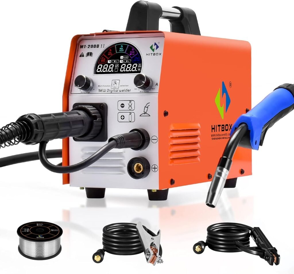 HITBOX Multifuctional MIG Welding Machine -200A with Color LCD Display IGBT Inverter MIG MMA Lift TIG Stick Gas Mix Gases Gasless Flux Cored Wire Solid Core Wire MIG Welder（Model：MT2000）