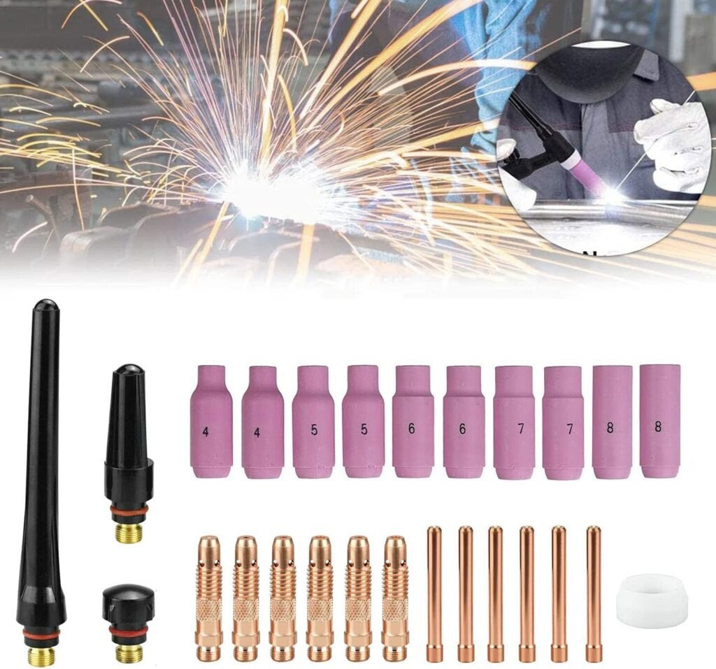26Pcs TIG Welding Torch Accessories Kit for WP17 WP18 WP26 TIG Torch Welding Consumables with Collets Body Alumina Nozzle Cup Set Back Cap Gasket, TIG Welder Gun Parts Gas Lens Kit