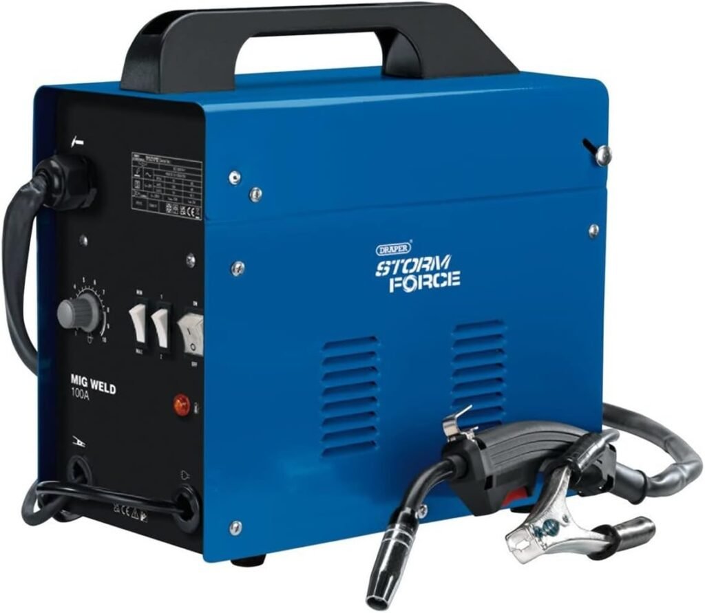 Draper 230v 100A Gasless Turbo MIG Welder with Earth Clamp, 2.5m Welding Torch, Mask  Accessories - 63669 - Variable Wire Speed Control For 0.6mm  0.9mm Welding Wires, Blue