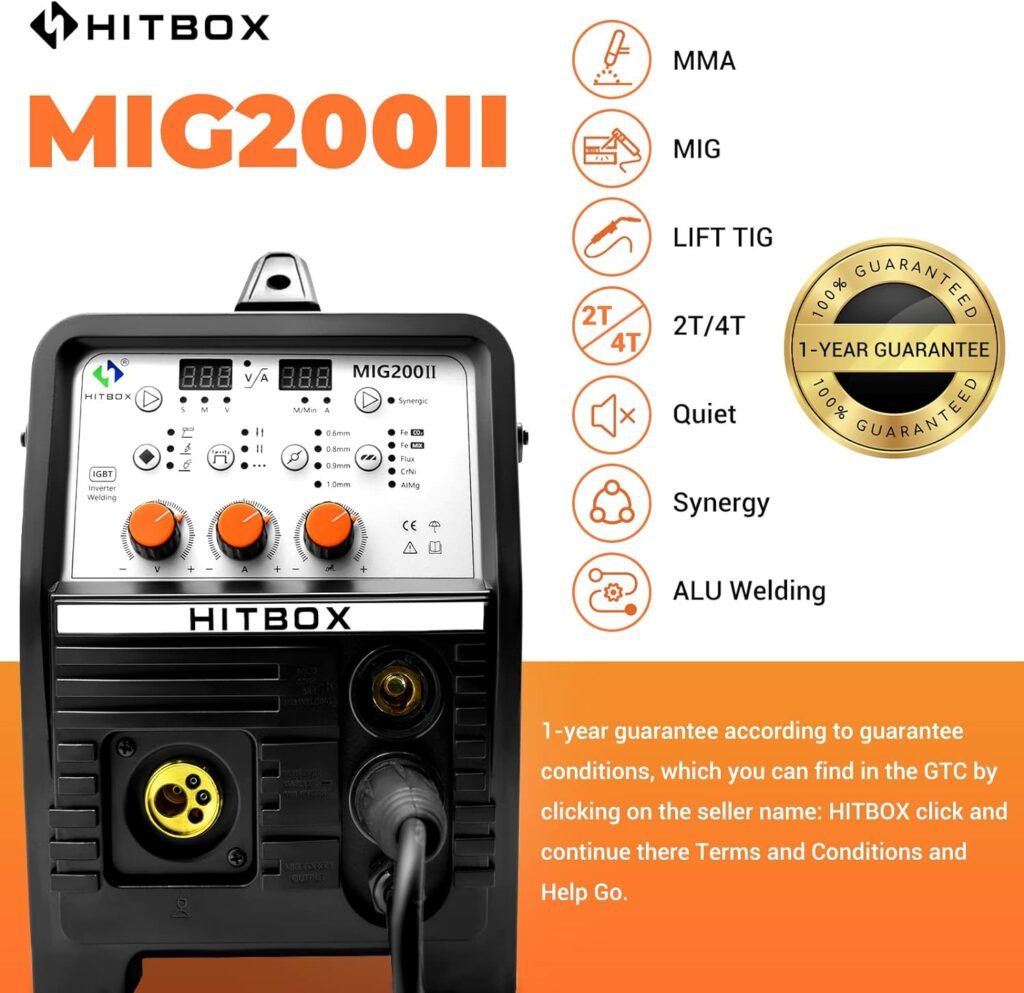 HITBOX 200A ALU MIG Welder 5 in 1 Digital IGBT Semi-Automatic MIG Welding Machine with MIG Gas Gasless TIG ARC Welder Programming Welding Aluminum Inverter Welder, Quiet, 3 Years Warranty(MIG200Ⅱ）