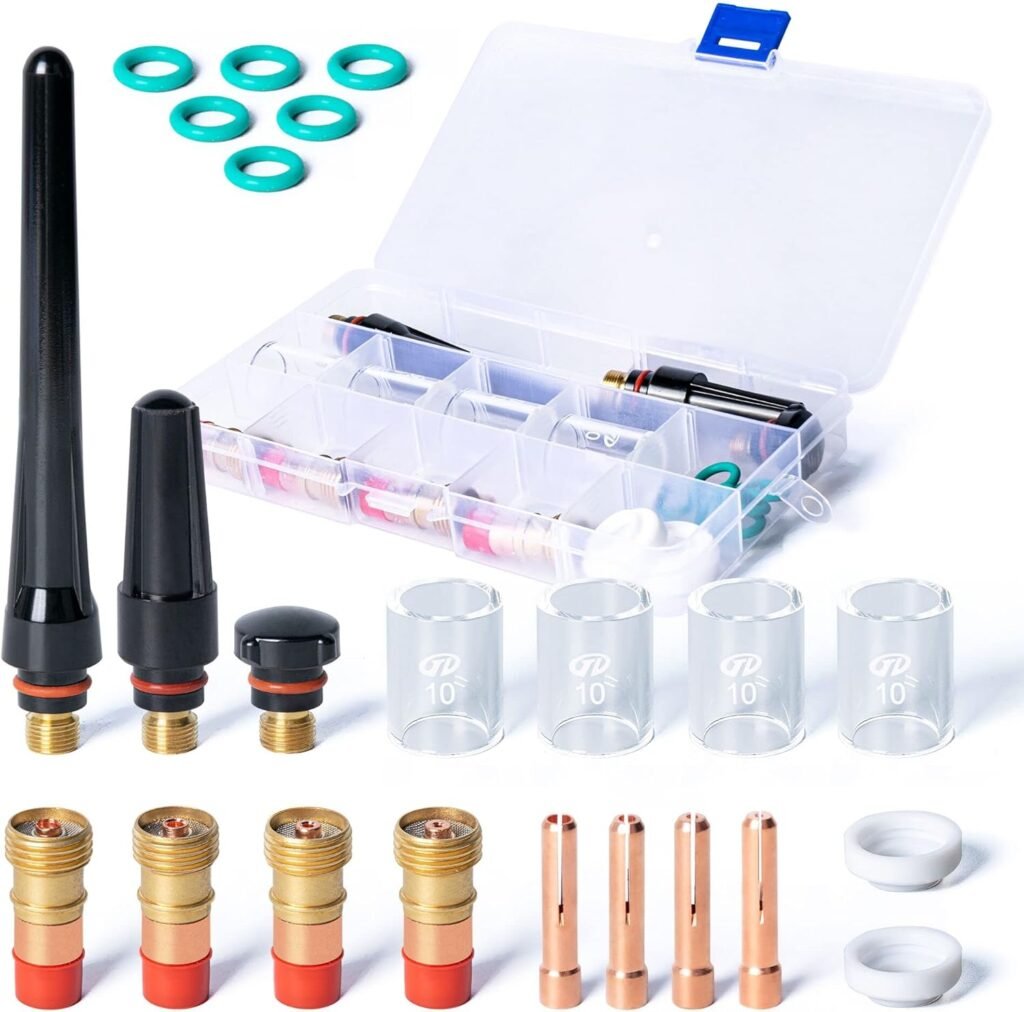 SPDYCESS 23 PCS TIG Welding Torch Accessories Kit Consumables Accessories, 10# Pyrex Glass Cup TIG Back Cap O-Rings Stubby Gas Lens Wear Parts for WP-17/18/26