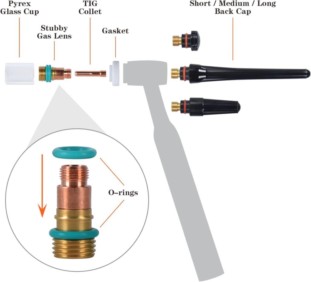 SPDYCESS 23 PCS TIG Welding Torch Accessories Kit Consumables Accessories, 10# Pyrex Glass Cup TIG Back Cap O-Rings Stubby Gas Lens Wear Parts for WP-17/18/26
