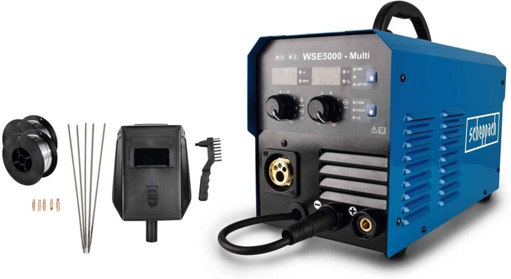 Scheppach WSE5000-Multi Cored Wire Welder - for MIG (120 A), MMA (70A) and TIG (70A) Welding Process | Peak Current 200 A | Includes 2x 0.6  0.8 mm Welding Nozzles  Other Accessories