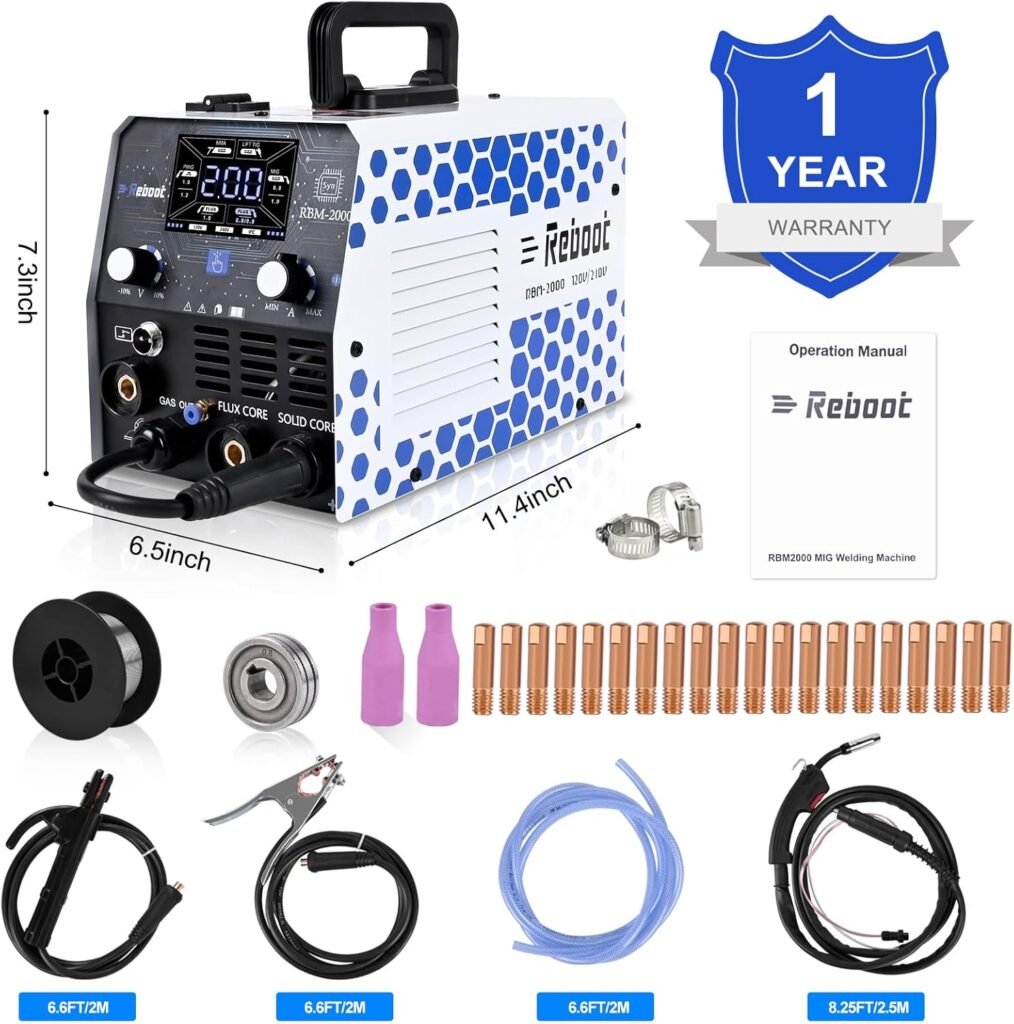 Reboot 200Amp MIG Welder 230V 5 in 1 Multiprocess Welding Machine, Mig Gas/Gasless Flux Core MIG Welder/Lift TIG/Stick/Spot Welding with Premium Large LED Display Welding Equipment,Upgrade RBM2000