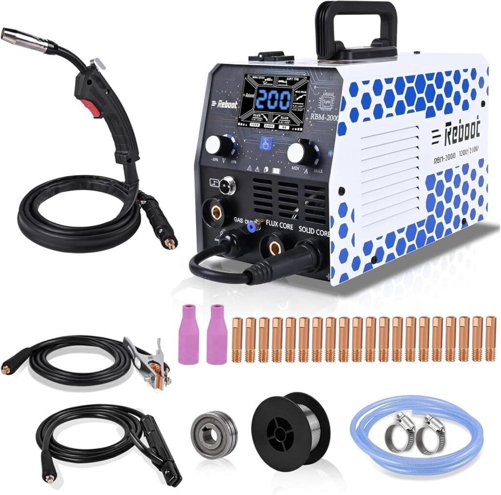 Reboot 200Amp MIG Welder 230V 5 in 1 Multiprocess Welding Machine, Mig Gas/Gasless Flux Core MIG Welder/Lift TIG/Stick/Spot Welding with Premium Large LED Display Welding Equipment,Upgrade RBM2000