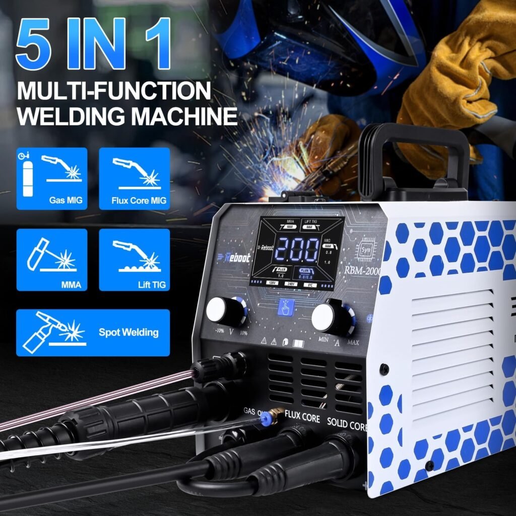 Reboot 200Amp MIG Welder 230V 5 in 1 Multiprocess Welding Machine, Mig Gas/Gasless Flux Core MIG Welder/Lift TIG/Stick/Spot Welding with Premium Large LED Display Welding Equipment,Upgrade RBM2000