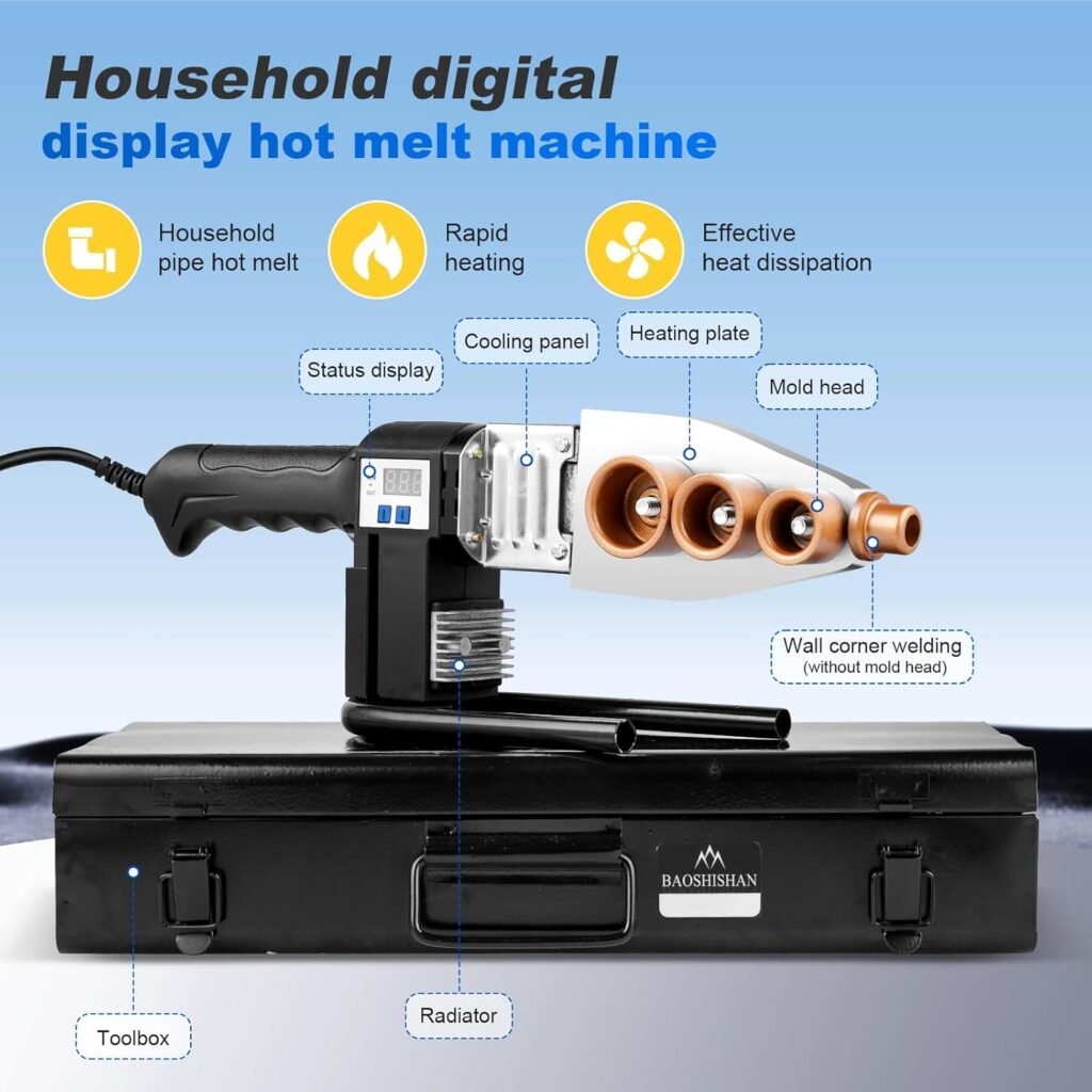 BAOSHISHAN Pipe Fusion Welder Handheld Socket Fusion Welder Digital Display Hot-melt Plastic Welding Machine for PPR, PE, PP (20-63mm) Pipes 1000W