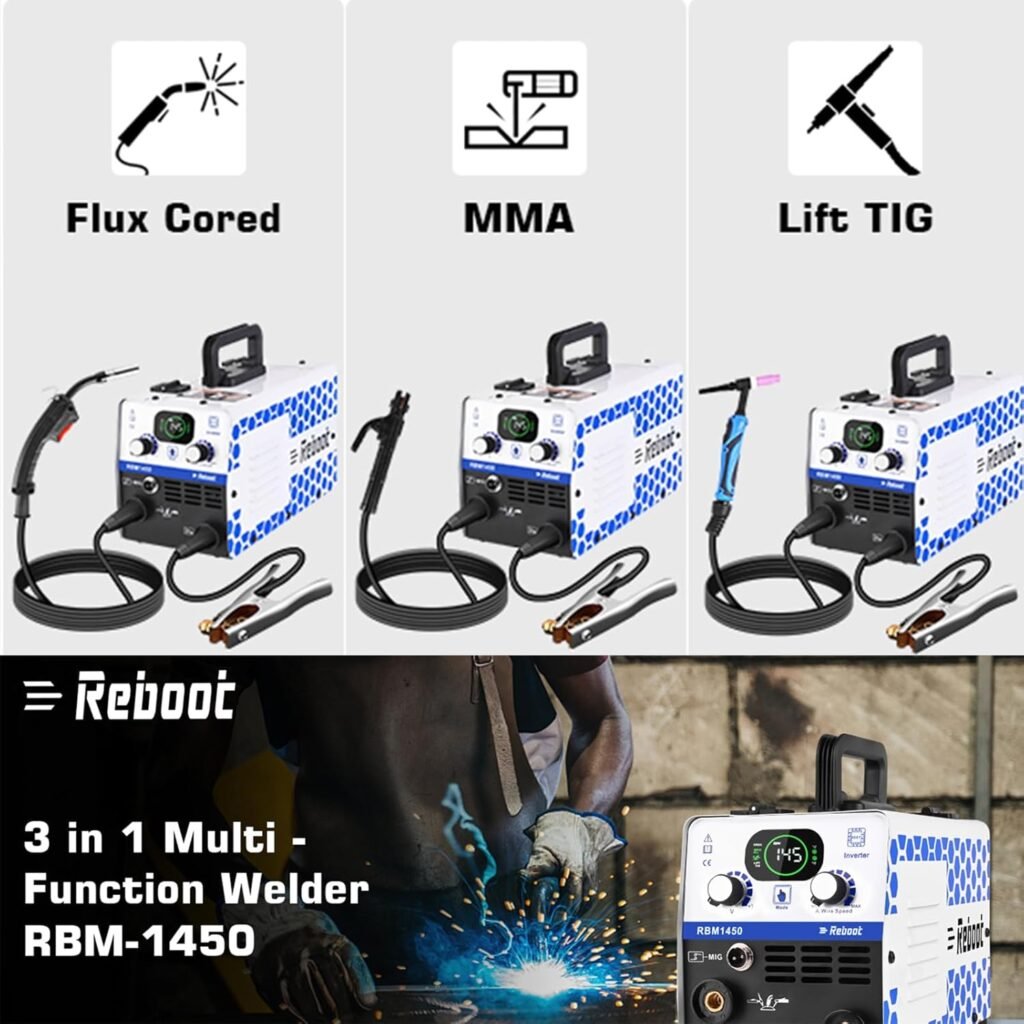 Reboot 6 in 1 Multi Process MIG Welder 250Amp Welding Machine,Gas/Gasless Flux Core MIG/Stick/Lift TIG/Spot Welding/Spool Gun 230V Aluminum Welder with Large LED Digital Display,Upgrade RBM2500