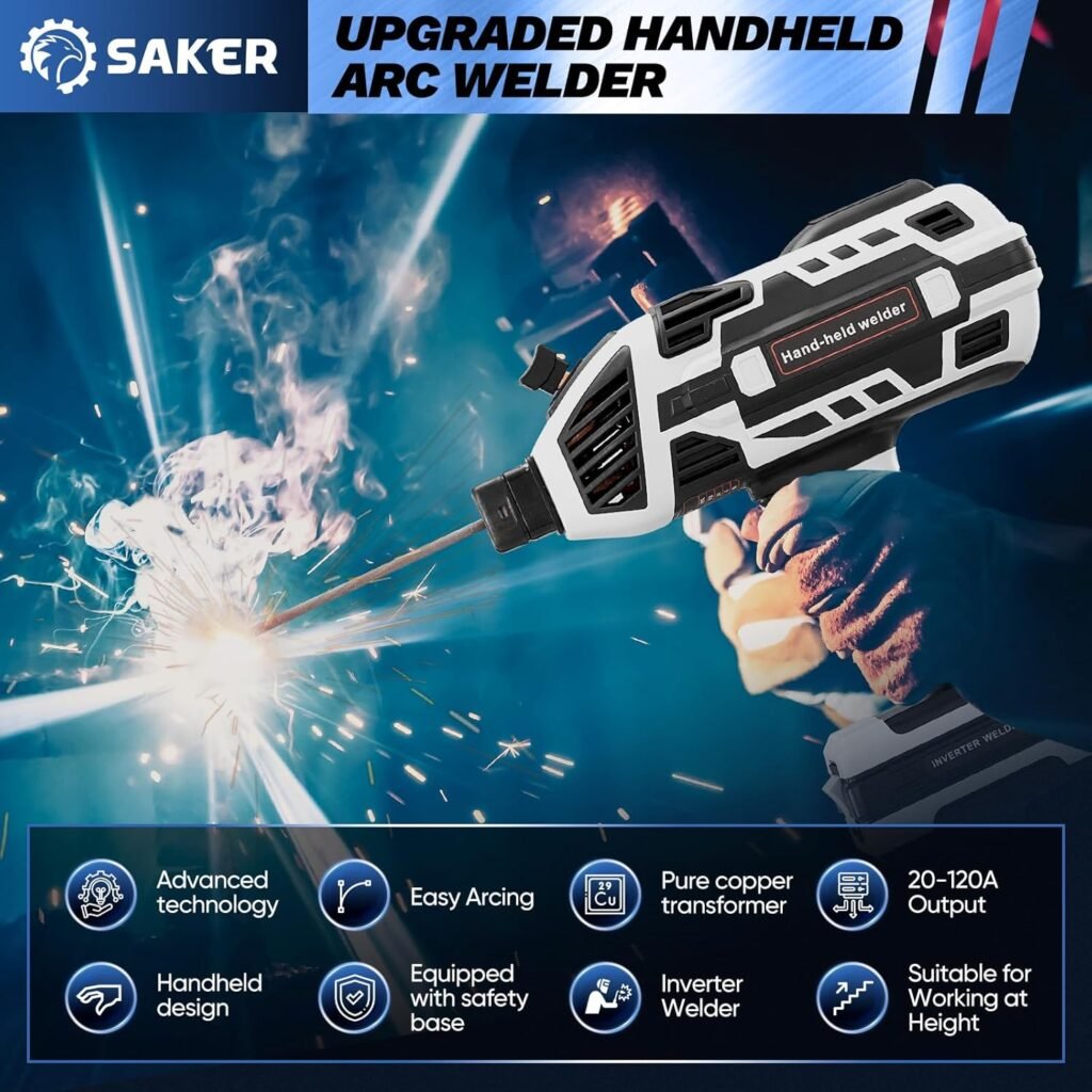 Saker Portable Electric Welding Machine,220V Portable Welder Handheld with IGBT Inverter 5 Variable Current Adjustment,Portable ARC Welder Gun, Fits for 3/32 Wire Rods