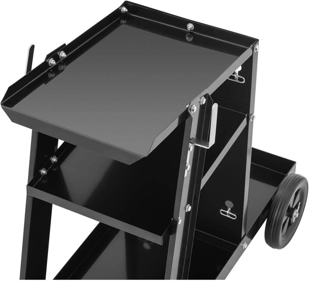 Stamos Welding Group Steel Welding Cart Welding Trolley Welder Angled Top 3 Shelves Black 80kg SWG-WC-4 (Powder-Coated Steel, Front Wheels 75mm, Rear Wheels 190mm)