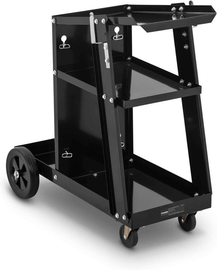 Stamos Welding Group Steel Welding Cart Welding Trolley Welder Angled Top 3 Shelves Black 80kg SWG-WC-4 (Powder-Coated Steel, Front Wheels 75mm, Rear Wheels 190mm)