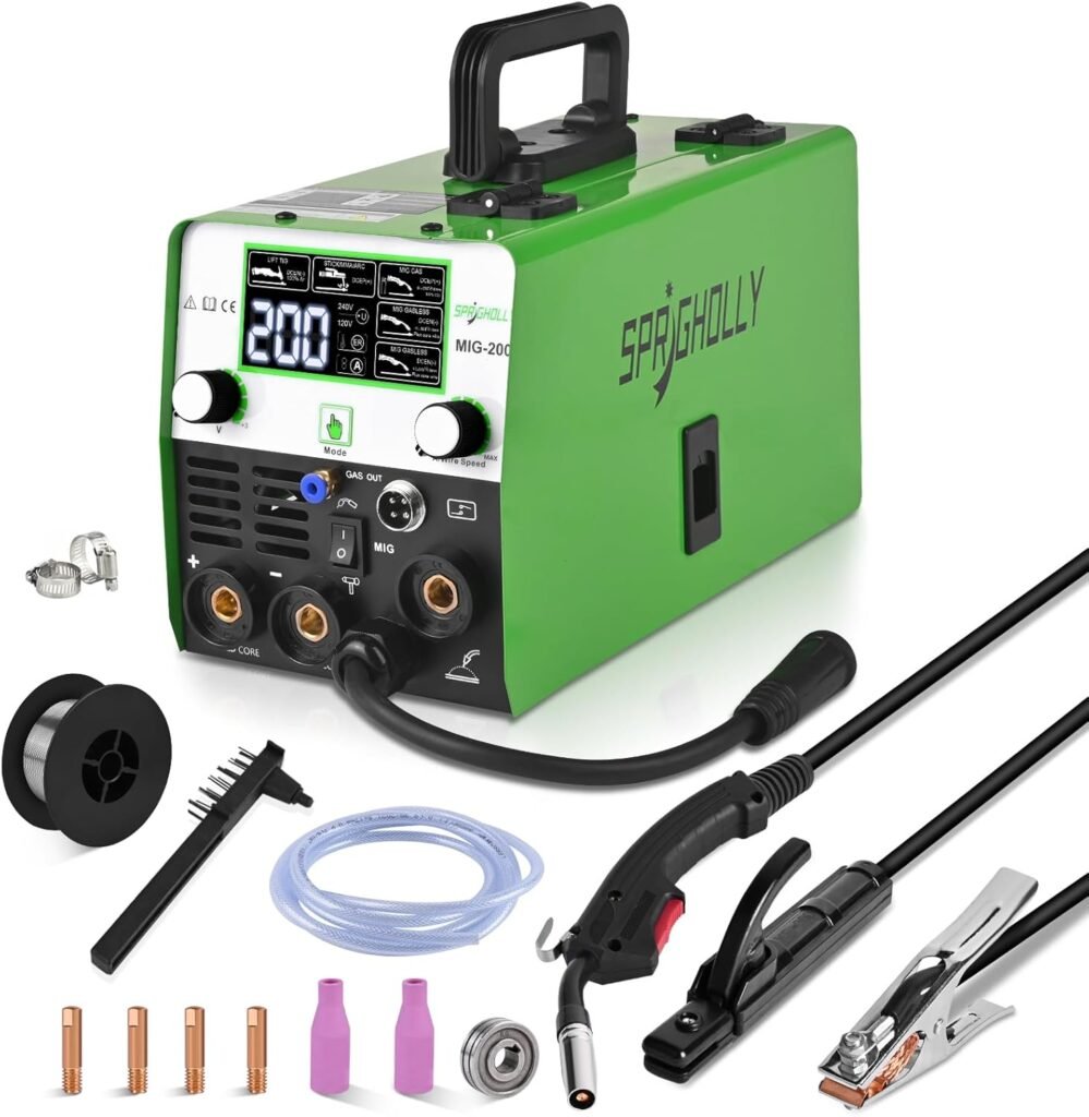 MIG Welder Machine 200Amp 240V 4 in 1 Multiprocess Welder,Mig Gas/Gasless Flux Core/Lift TIG/Stick MMA Synergy Welding,Large LED Display Upgrade SPR-MIG200