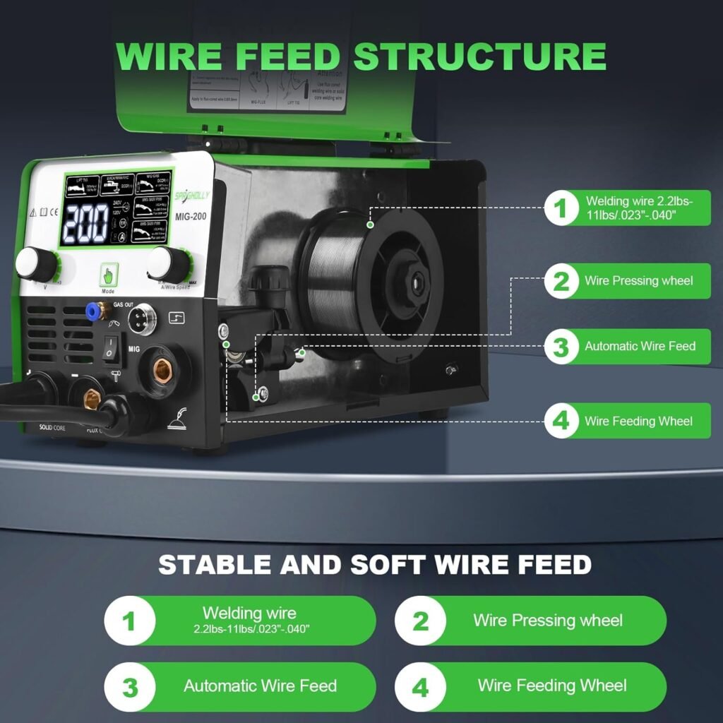 MIG Welder Machine 200Amp 240V 4 in 1 Multiprocess Welder,Mig Gas/Gasless Flux Core/Lift TIG/Stick MMA Synergy Welding,Large LED Display Upgrade SPR-MIG200