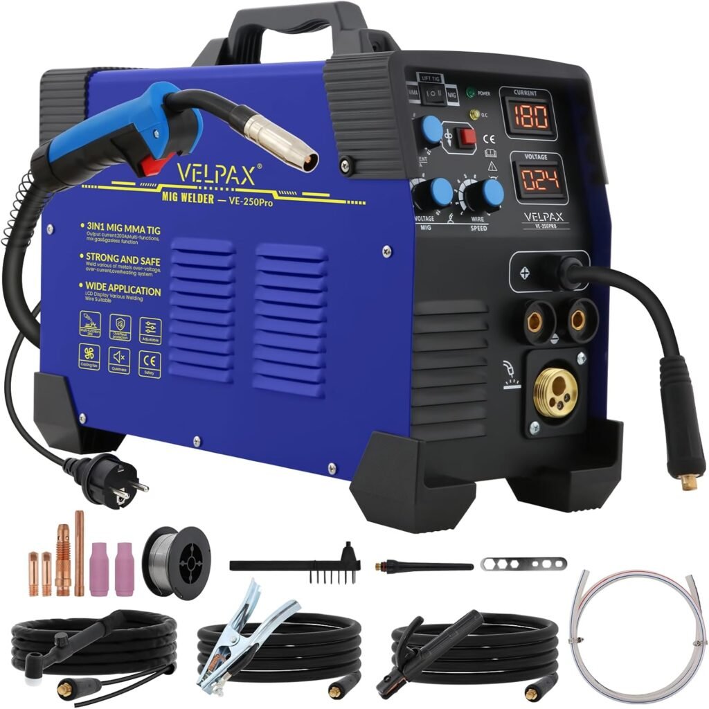 200A 230V MIG Welder, 3 in 1 Welding Machine, Gas/Gasless Flux Core MIG/Stick/Lift TIG/Spot Welding Inverter Welders with Digital LED Display