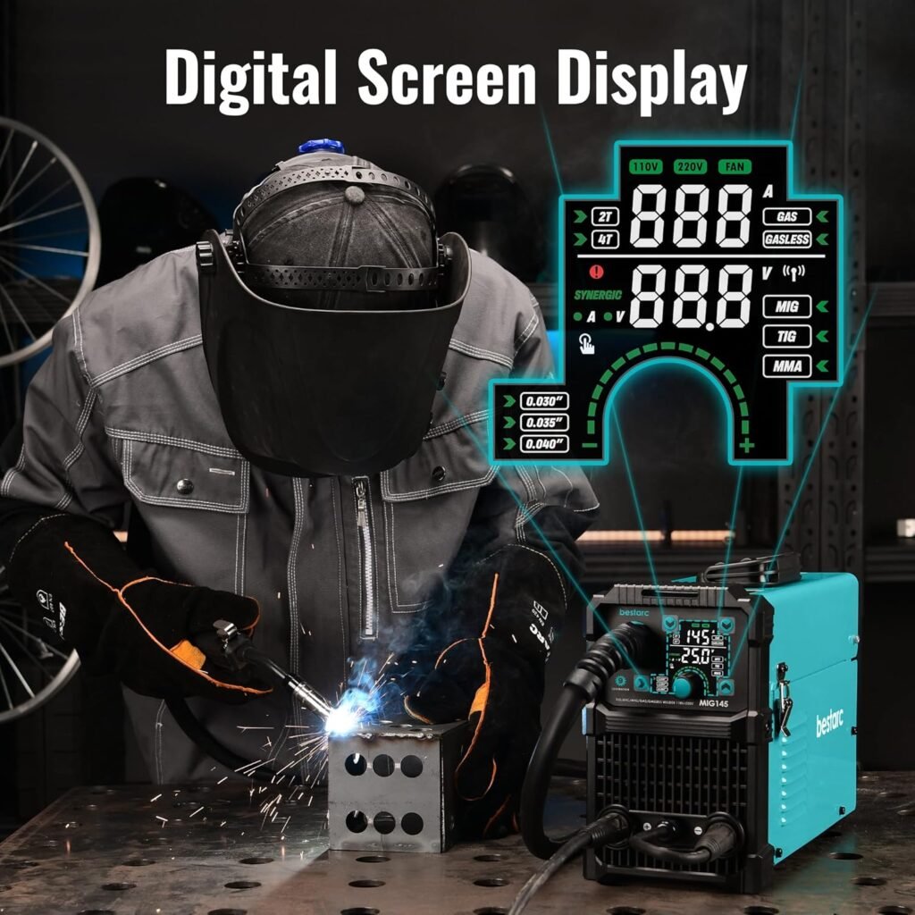 bestarc MIG Welder, MIG145 145Amps Gas MIG/Gasless Flux Core MIG/Lift TIG/Stick 3 in 1 MIG Welding Machine, MIG Welder 110V 220V with Digital Screen Display