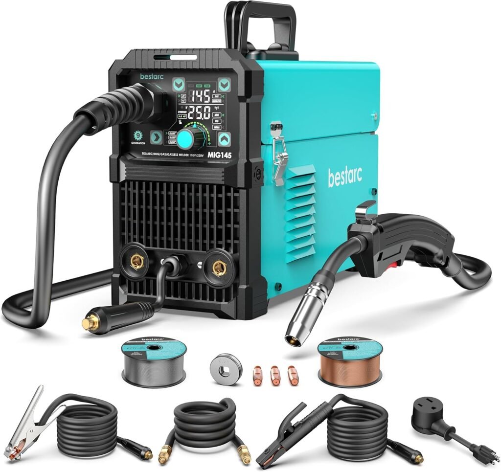 bestarc MIG Welder, MIG145 145Amps Gas MIG/Gasless Flux Core MIG/Lift TIG/Stick 3 in 1 MIG Welding Machine, MIG Welder 110V 220V with Digital Screen Display