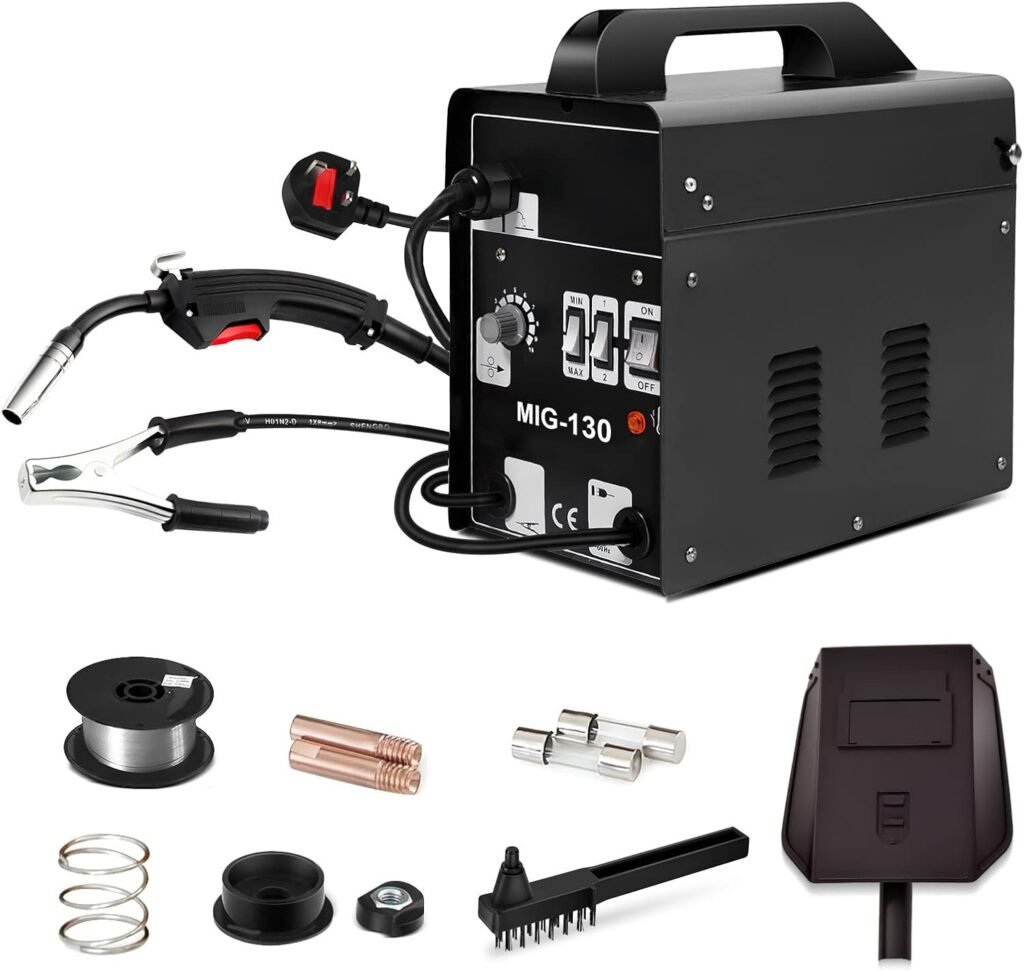 COSTWAY Gasless MIG Welder, 120A 240V Flux Core Wire Automatic Feed Welding Machine with 10 Adjustable Sppeds, 4 Levels, Overheat Protection, Face Mask and Brush, MIG Welding Equipment