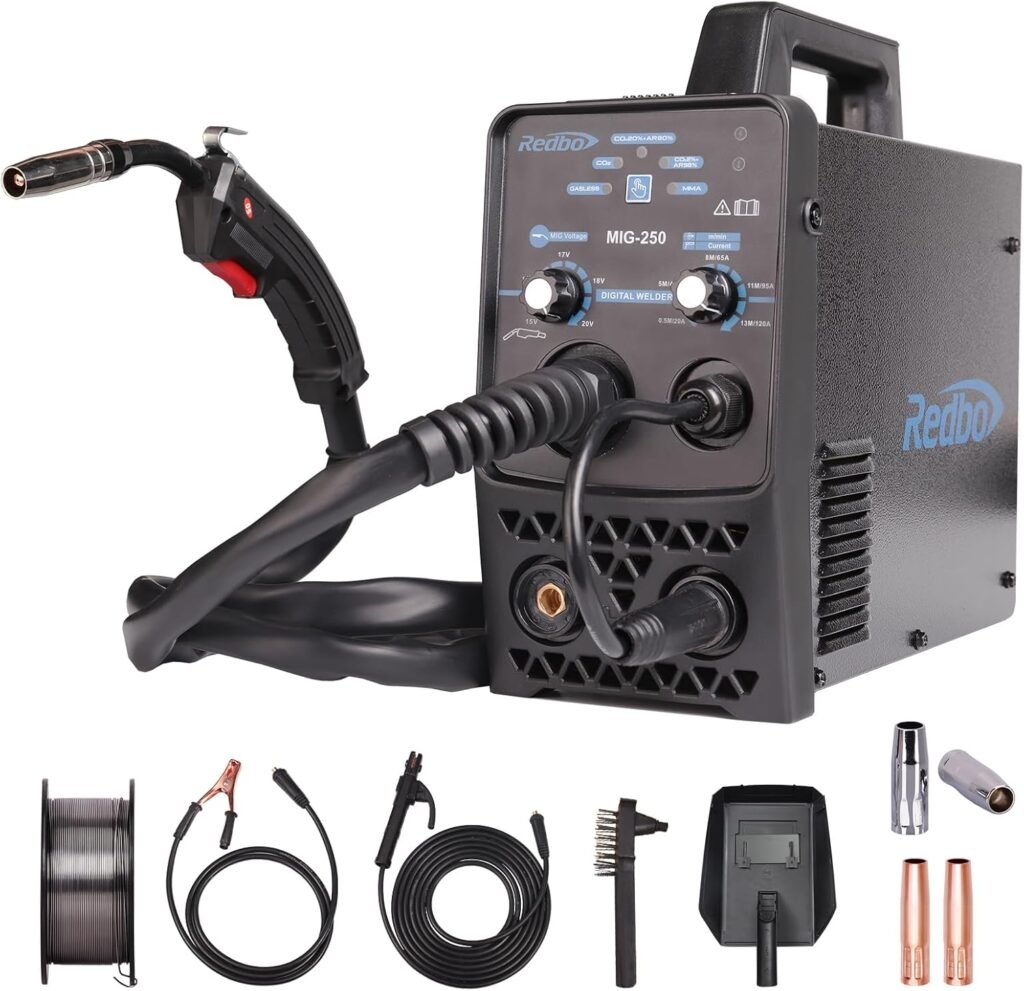 Redbo MIG-250 Gas/Sinh Gas/Lift TIG/Arc Welding Machine, 4 in 1 Multiprocess 130 Amp 110V Home Use Pure Copper MMA Stick Automatic Wire Feed MIG Welding