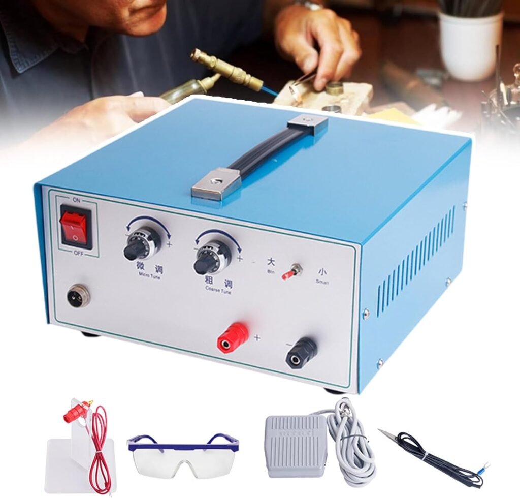 pedenencelia Gold Silver Platinum Welding Machine,Jewelry Spot Welding Machine,Jewelry Welder Kit,Knob Adjustment,With Foot Switch,Stand,Tweezers,For Repair GoldHardware Workpiece Welding,80A