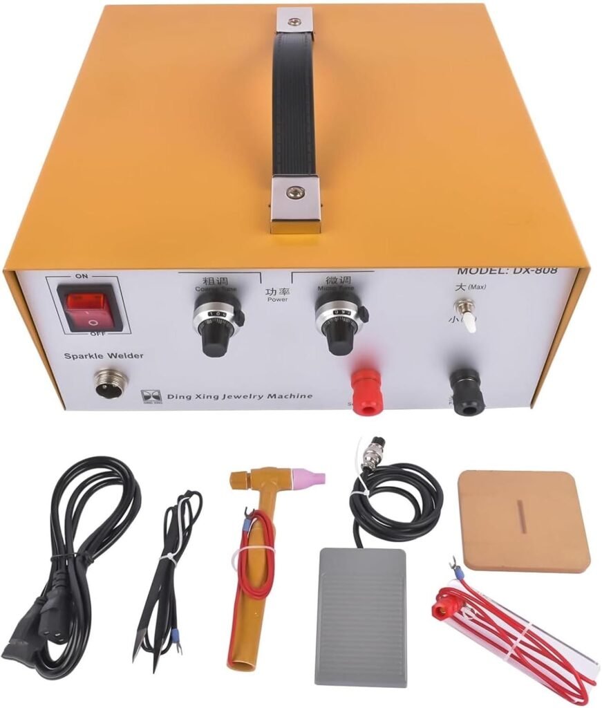 Portable Jewelry Welding Machine 80A with Foot Pedal,Corded Electric Pulse Sparking Spot Welder Jewelry Tool Output Power 1-9 Level/Welding range 0.5-1.5MM for Jewelry Gold Silver Platinum ,Yellow