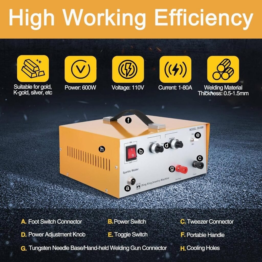 Portable Jewelry Welding Machine 80A with Foot Pedal,Corded Electric Pulse Sparking Spot Welder Jewelry Tool Output Power 1-9 Level/Welding range 0.5-1.5MM for Jewelry Gold Silver Platinum ,Yellow