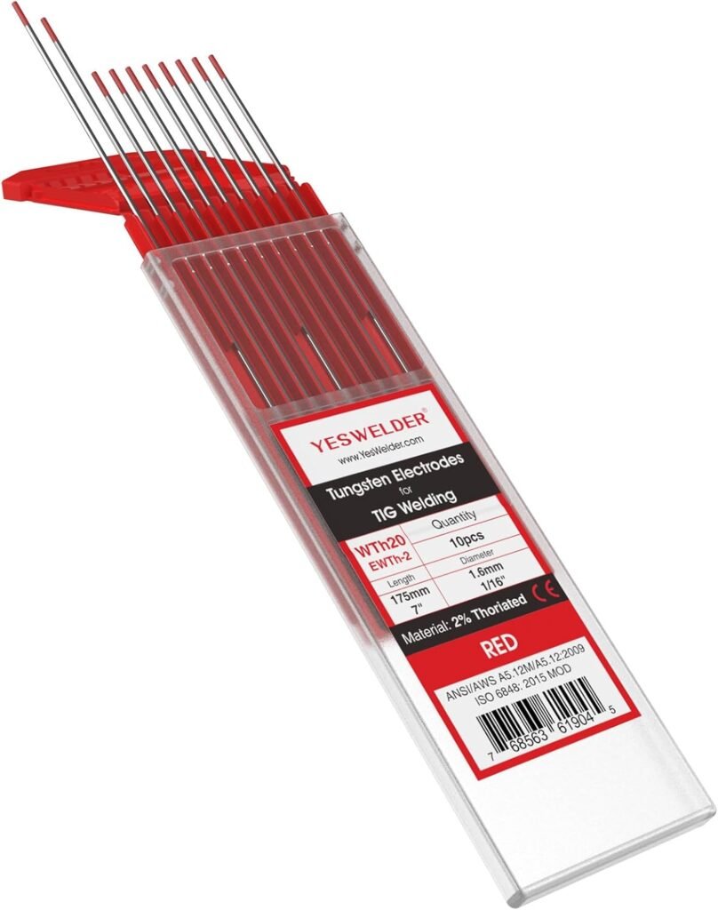 YESWELDER TIG Welding Tungsten Electrode 2% Thoriated 1.6mm x 175mm (Red, WT20/EWTh-2) 10-pk