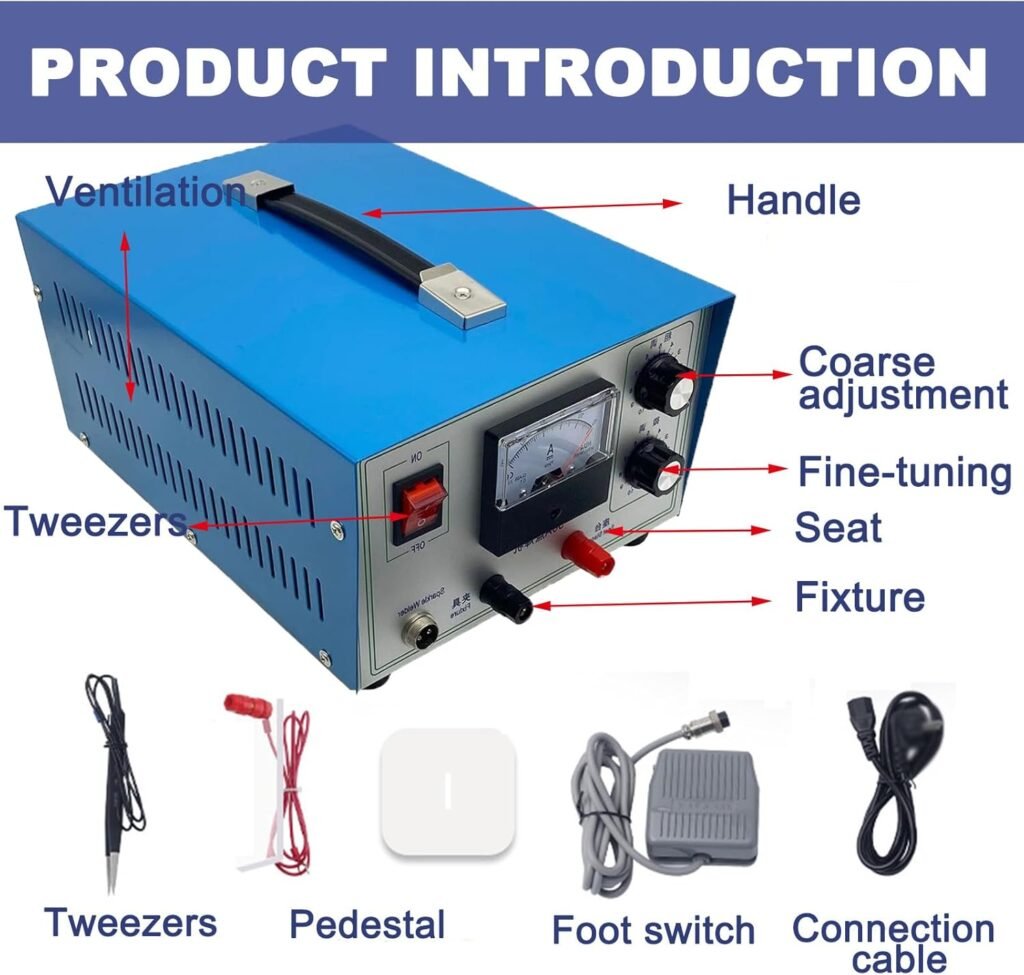 300W Electric Jewelry Spot Welder- Adjustable Output Power, Foot Pedal Spot Welder, Hand-Held 50a Pulse Spot Welder Welding Machine with Goggles, Nickel Strip and Spot Welding Pen
