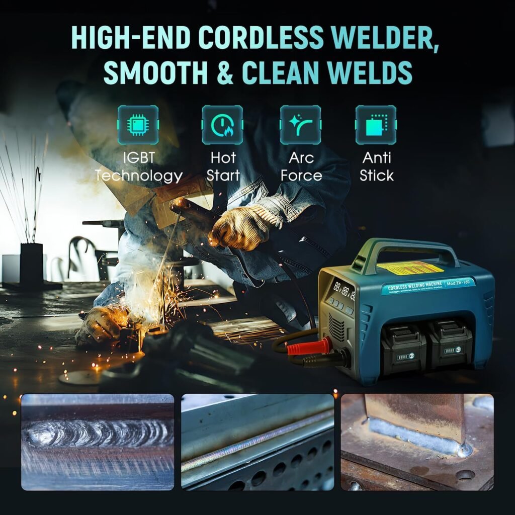 Cordless Welding Machine Portable, MMA ARC 160A Battery Powered Welder Machine with 2 x Battery, LED Display, Digital IGBT Inverter Stick Welder, Hot Start Portable Stick/Flux Core Welder
