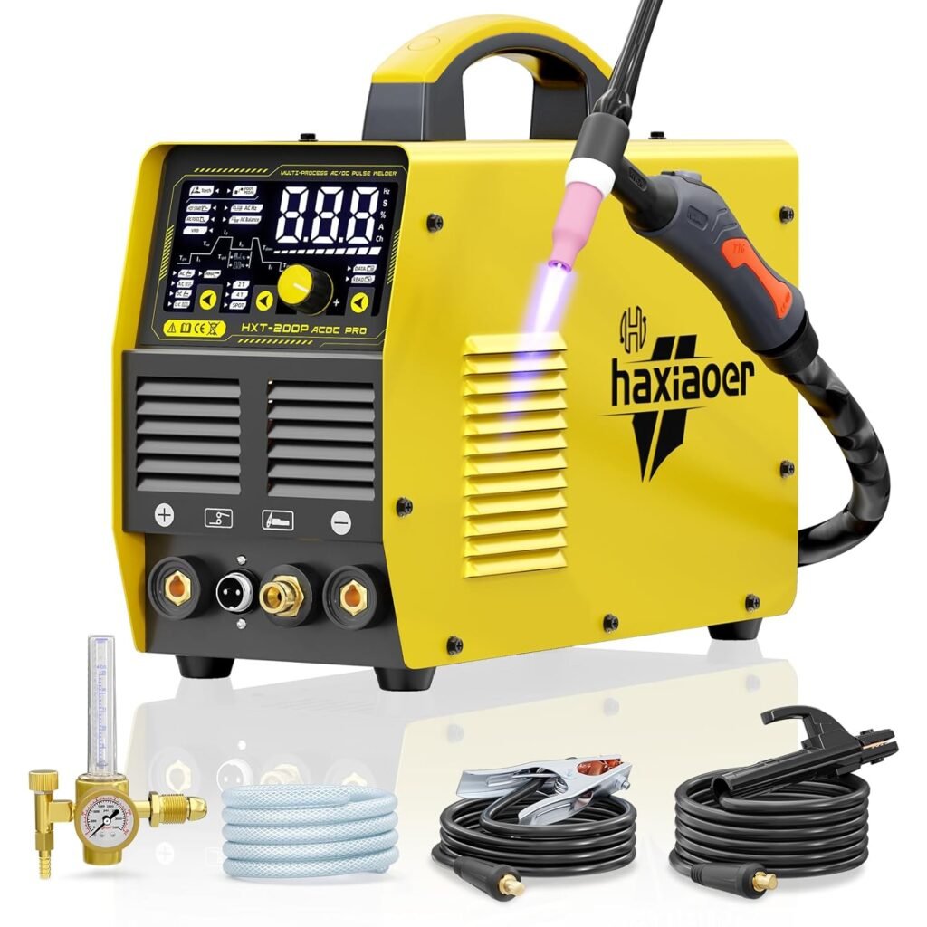 haxiaoer Aluminum TIG Welder AC/DC 240V with Pulse, [Large LED Display] 200A Digital Inverter AC Pulse TIG/AC TIG/DC Pulse TIG/HF TIG/ARC Welding Machine HXT200P AC DC Pro