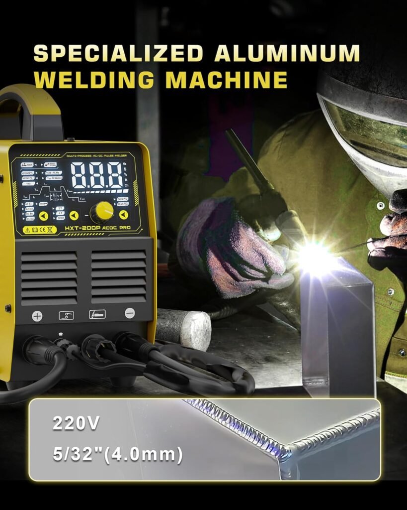 haxiaoer Aluminum TIG Welder AC/DC 240V with Pulse, [Large LED Display] 200A Digital Inverter AC Pulse TIG/AC TIG/DC Pulse TIG/HF TIG/ARC Welding Machine HXT200P AC DC Pro