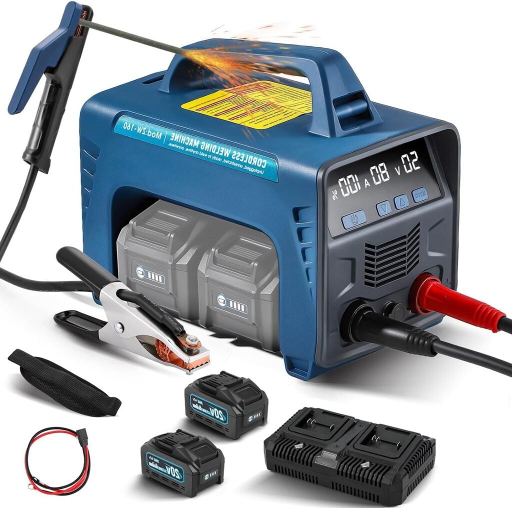 HLGKBY Cordless Welding Machine Portable, LED Display, MMA ARC 160A Battery Powered Welder Machine with 2 x Battery, Digital IGBT Inverter Stick Welder, Hot Start Portable Stick/Flux Core Welder