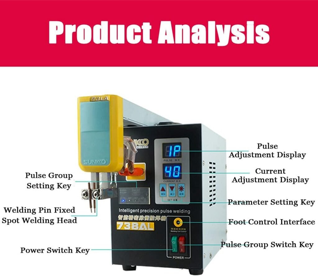 KLUFO Battery Welding Machine with Detachable Telescopic Arm, Pulse Spot Welder 738AL 18650 Battery Welding Machine with LED Battery Testing and Charging Function