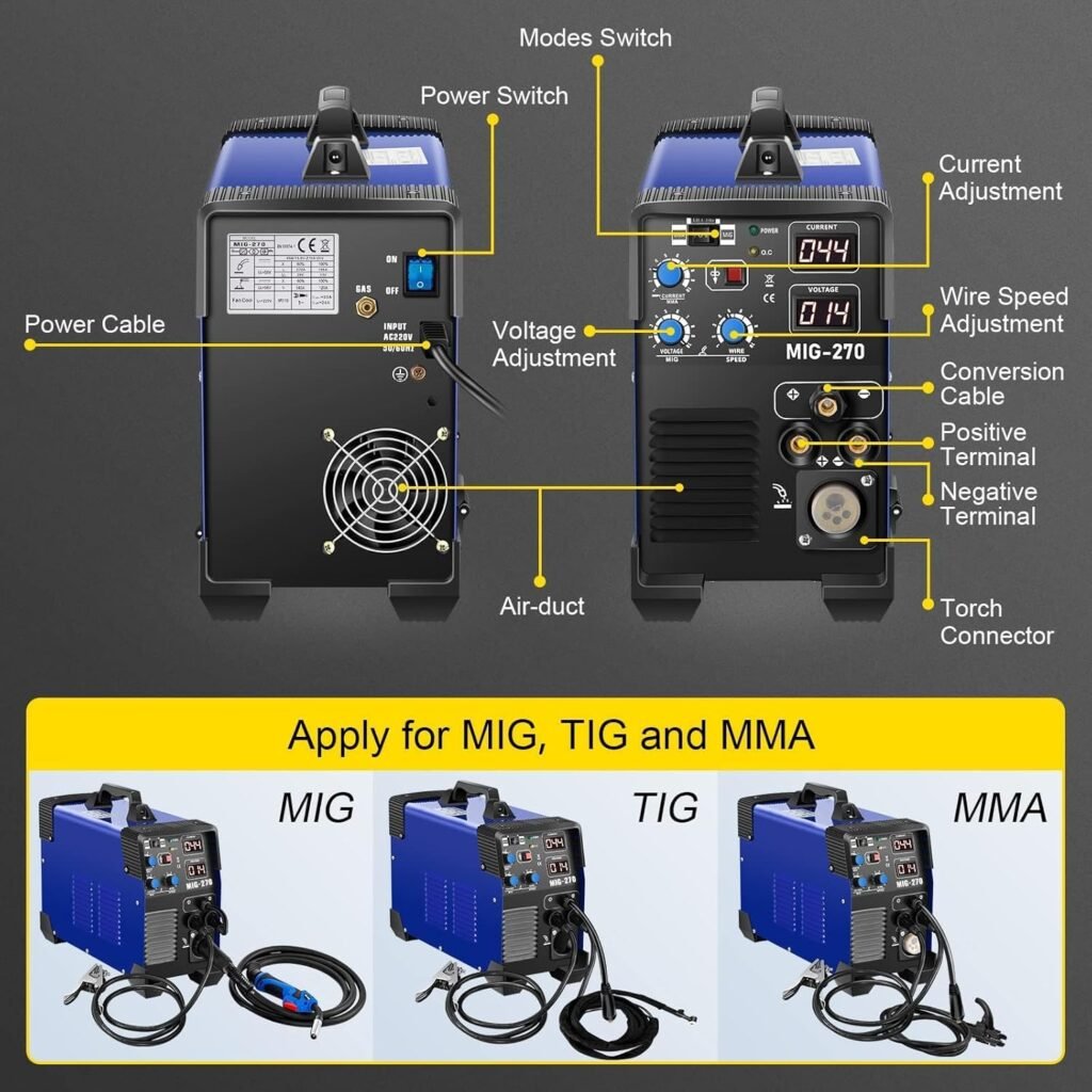 Portable MIG Welder, Flux Core Welder, 3 in 1 Combo MMA/MIG/LIFT TIG Welding Machine, MIG-200 Portable Welding Machine, Flux Cored Wire Feed Gas Welding Machine