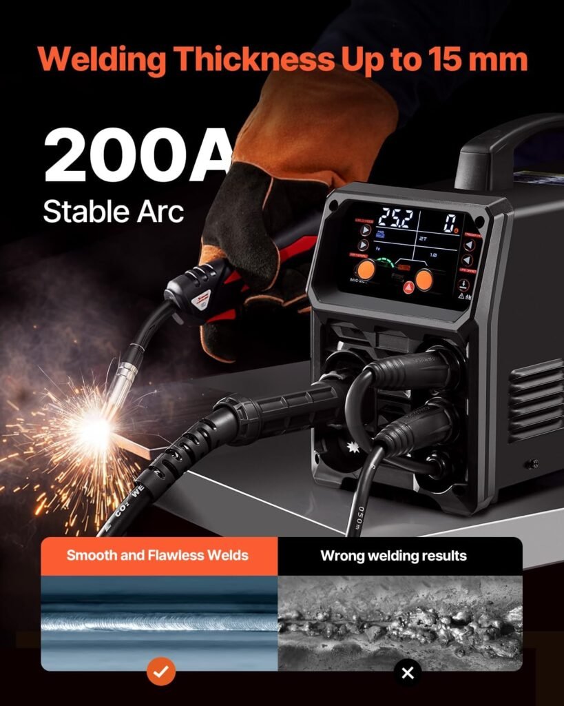 VEVOR MIG Soldering Machine, 200A Portable Multi-Process MIG Gas Free MMA Lift TIG 4 in 1 Powerful Welder with IGBT Inverter Technology, LCD Display