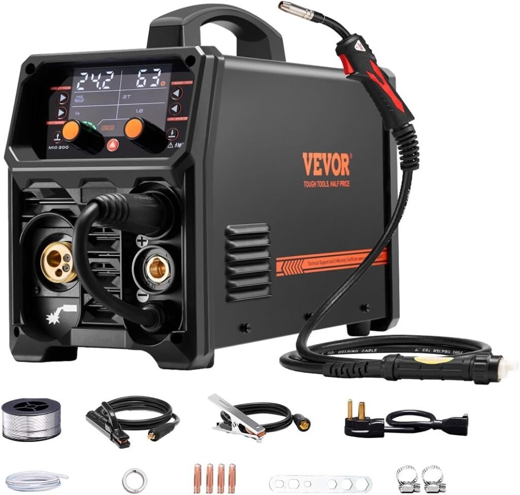 VEVOR MIG Soldering Machine, 200A Portable Multi-Process MIG Gas Free MMA Lift TIG 4 in 1 Powerful Welder with IGBT Inverter Technology, LCD Display