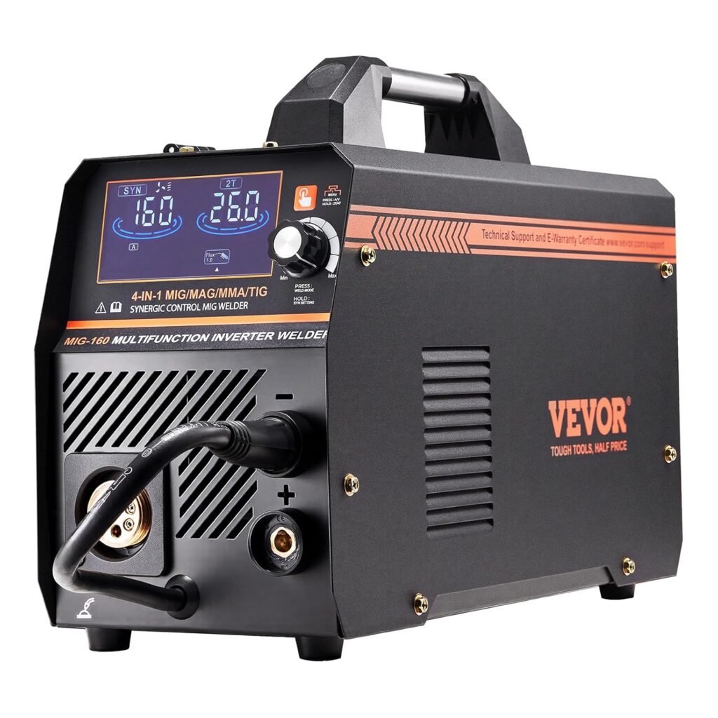 VEVOR MIG Welder, 160A Synergic Mig Welding Machine, 4-in-1 Gas MIG/Flux Core MIG/Stick/Lift TIG Multi-Process Welder Machine, 110V/220V Dual Voltage Mig Welder with IGBT Inverter  LCD Screen Display