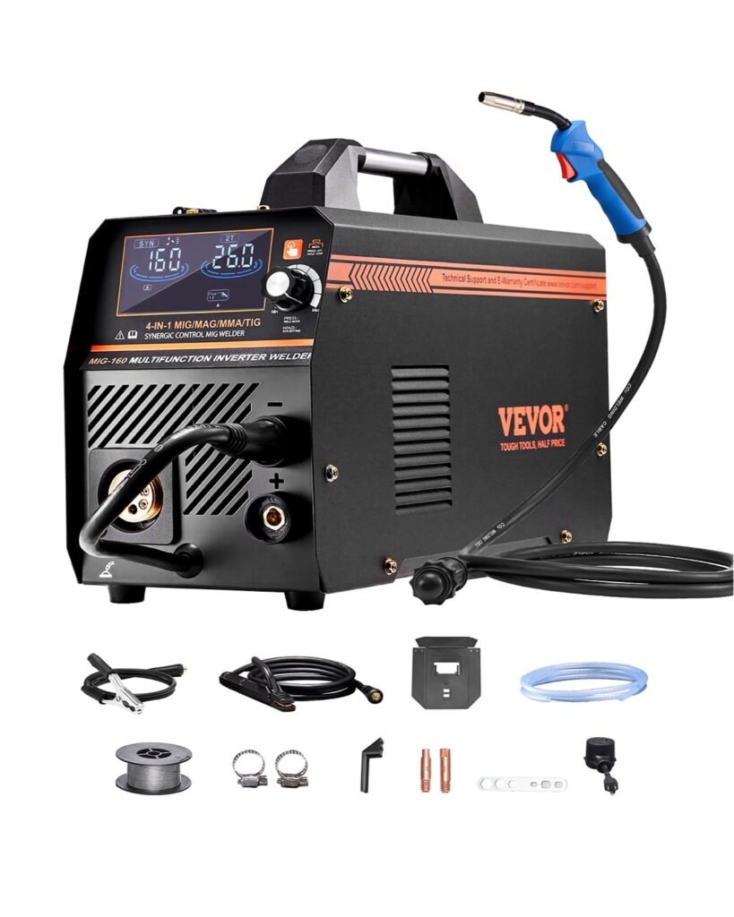 VEVOR MIG Welder, 160A Synergic Mig Welding Machine, 4-in-1 Gas MIG/Flux Core MIG/Stick/Lift TIG Multi-Process Welder Machine, 110V/220V Dual Voltage Mig Welder with IGBT Inverter  LCD Screen Display