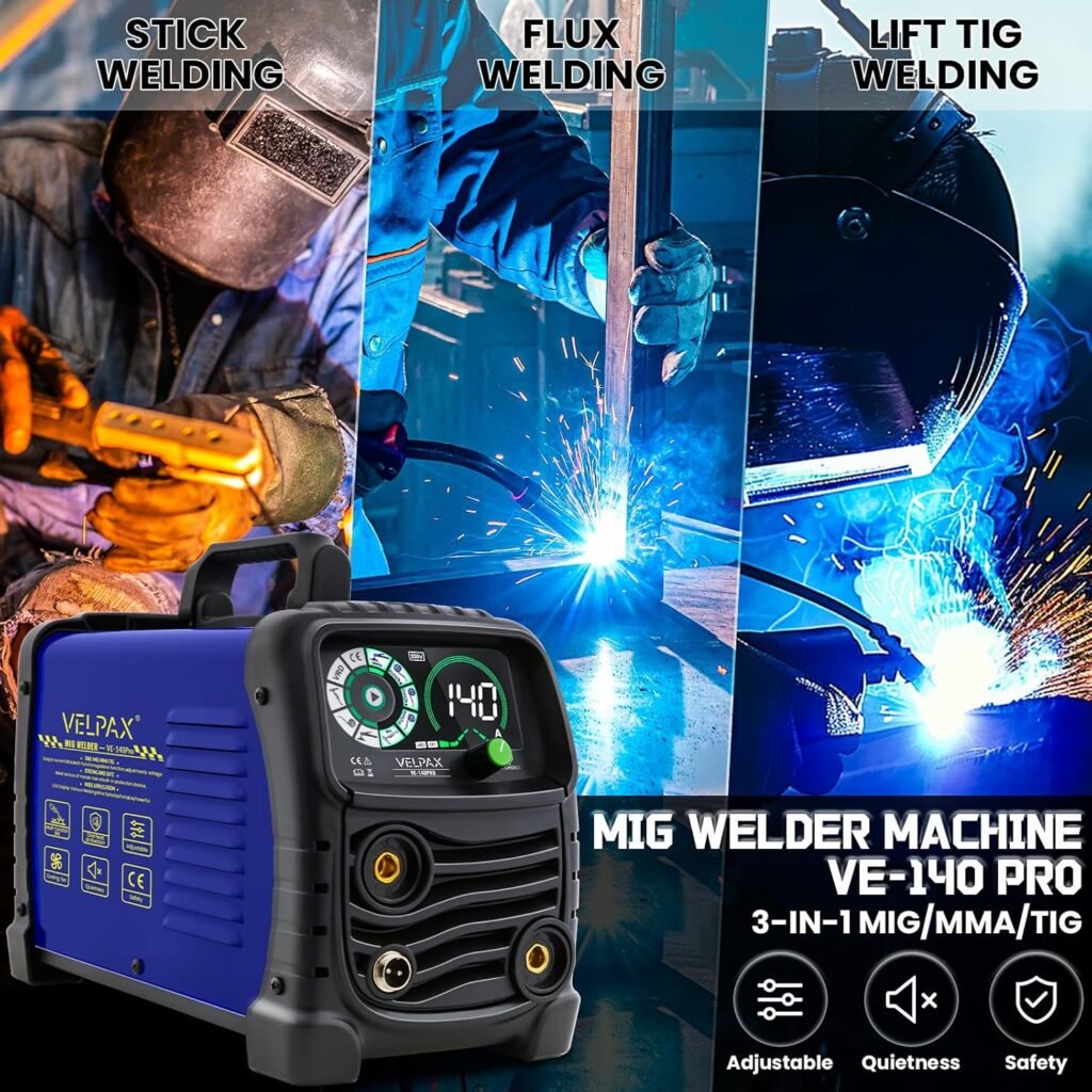140A 230V MIG Welder Gasless, 3 in 1 Welding Machine Flux Core Welder, Portable Welder with IGBT Inverter, Smart Digital LED Dispaly and Welding Rods Flux Wires