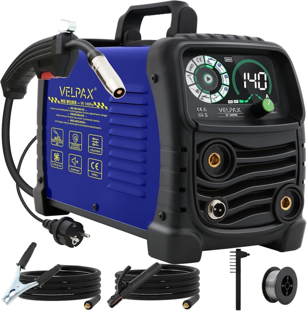 140A 230V MIG Welder Gasless, 3 in 1 Welding Machine Flux Core Welder, Portable Welder with IGBT Inverter, Smart Digital LED Dispaly and Welding Rods Flux Wires