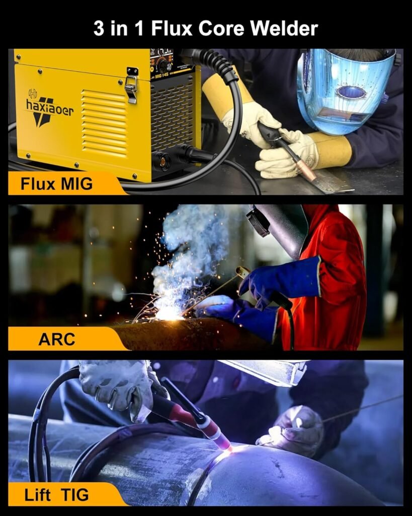 160A MIG Welder 4 in 1 Semi-Automatically Synergy Gas MIG/Gasless MIG/ARC/Lift TIG MIG Welding Machine with Solid Core Flux Core Wires, Yellow
