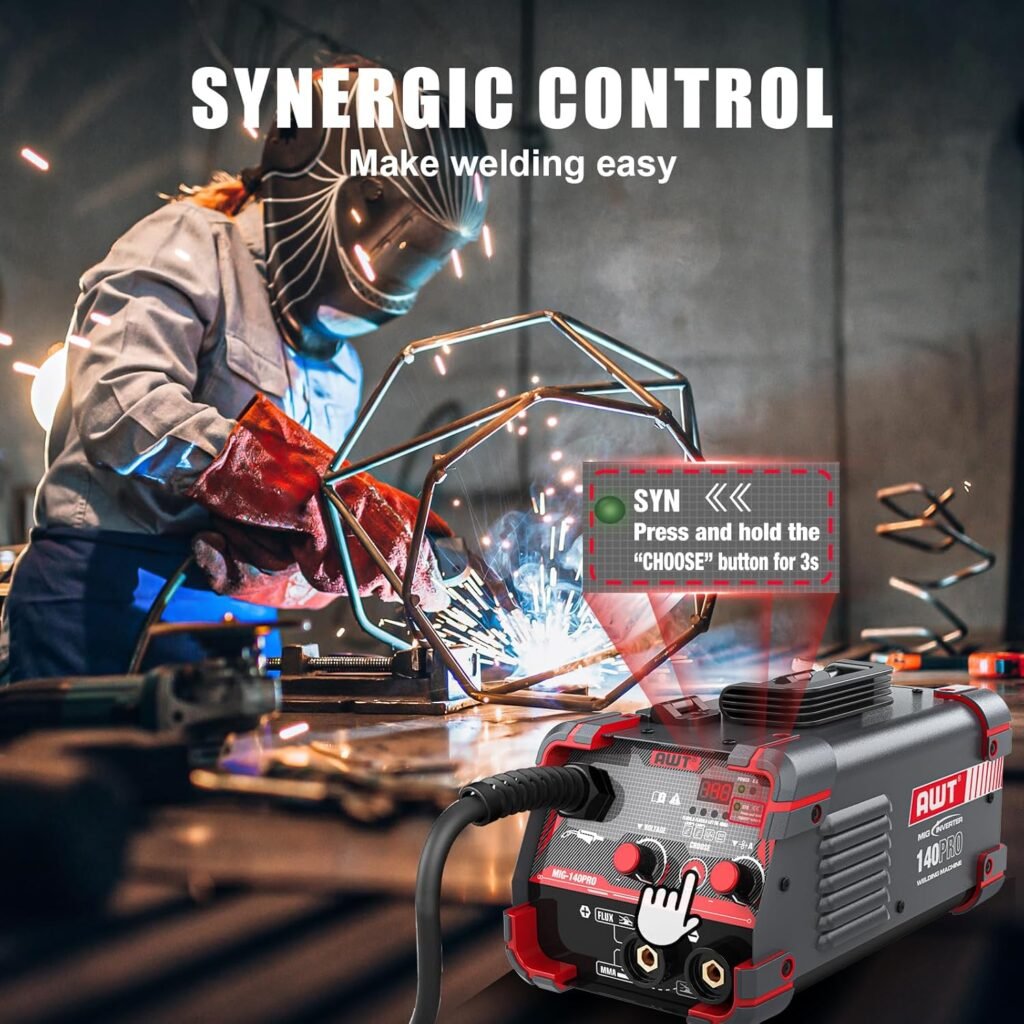 AWT 140Amp MIG Welder Flux Core MIG Welder/Stick/Lift TIG 3 in 1 Welding Machine, Welder Machine 110V with Synergy IGBT Inverter, Portable Gasless Welder Equipment