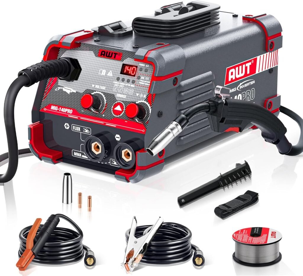 AWT 140Amp MIG Welder Flux Core MIG Welder/Stick/Lift TIG 3 in 1 Welding Machine, Welder Machine 110V with Synergy IGBT Inverter, Portable Gasless Welder Equipment