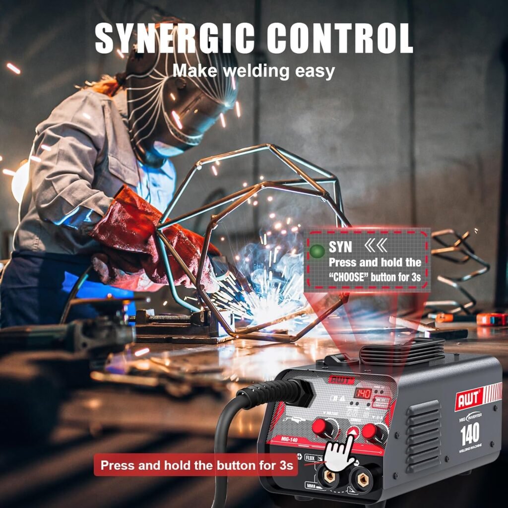 AWT 140Amp MIG Welder Flux Core MIG Welder/Stick/Lift TIG 3 in 1 Welding Machine, Welder Machine 110V with Synergy IGBT Inverter, Portable Gasless Welder Equipment