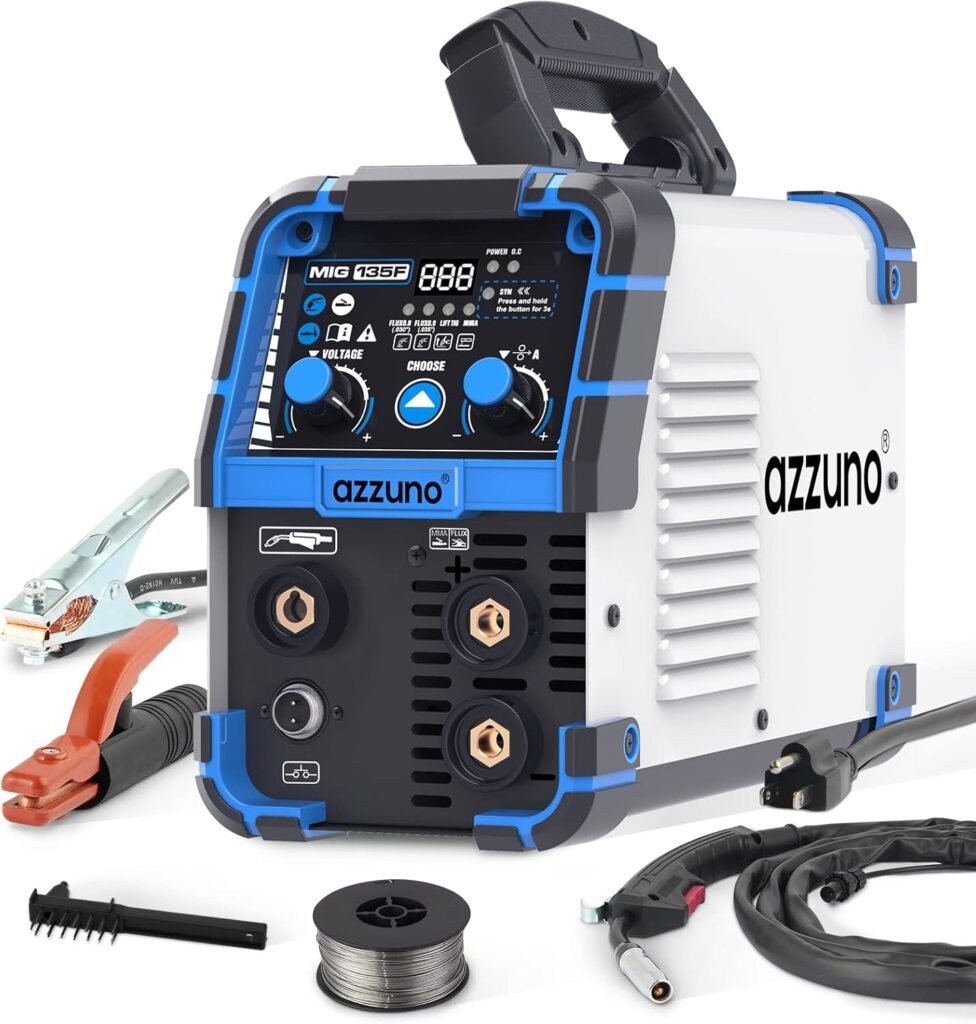 AZZUNO 135 Amp MIG Welder, 3 in 1 Multiprocess Welder 110V Flux Core Welder Flux MIG/Lift TIG/Stick Welding Machine Synergic Control IGBT Inverter Welder (Volts, 110)