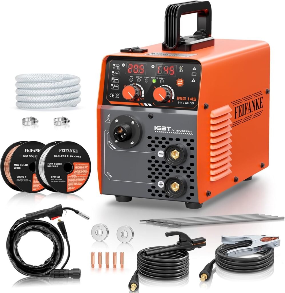 FEIFANKE Gasless MIG Welder 240V 145A Welding Machine MIG MAG 4 in 1 Gasless MIG/MIG/MMA/Lift TIG Welder Machine Inverter Synergy IGBT Suitable for 1.0-4.8mm Carbon Steel and Iron