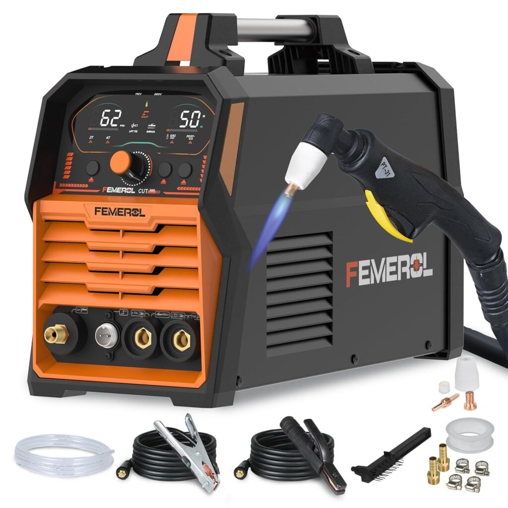 FEMEROL 3 in 1 Plasma Cutter/LIFT TIG/Stick Welder,50Amp Cutter Machine 200A Stick and LIFT TIG Welder, Large LED Display IGBT 110/220V Dual Voltage Plasma Cutter Welder Combo