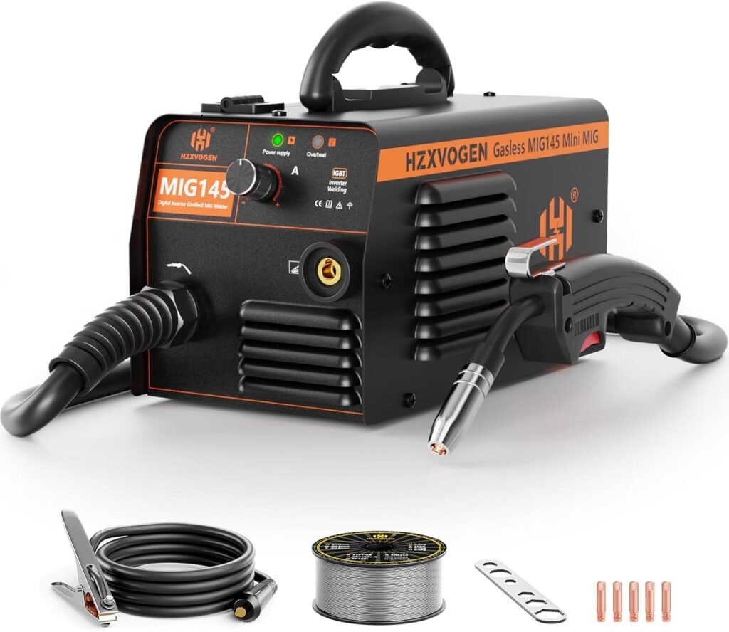 H HZXVOGEN Gasless MIG Welder 220V Flux Core 145A Welder, Dual Voltage 220V MIG Welding Machine, IGBT Inverter Portable Welder Machine with Smart Digital LED, Built-in Indus tria-Grade chip