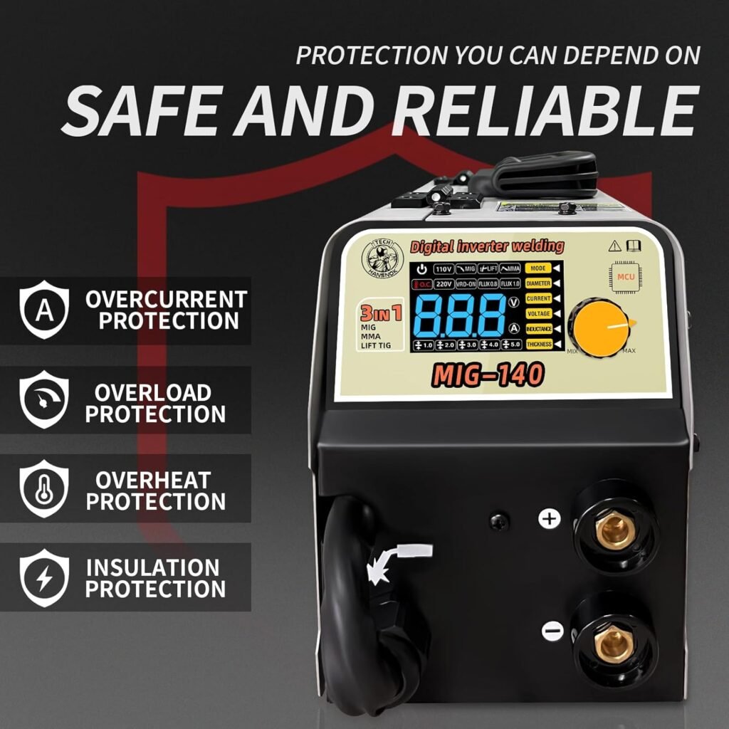 HANSNOK 140A MIG Welder, 110V/220V Flux Core MIG Welder/Lift TIG/Stick 3 in 1 Welding Machine with Synergy, IGBT Inverter Portable Gasless Welder Equipment with Welding Gun (MIG-140)
